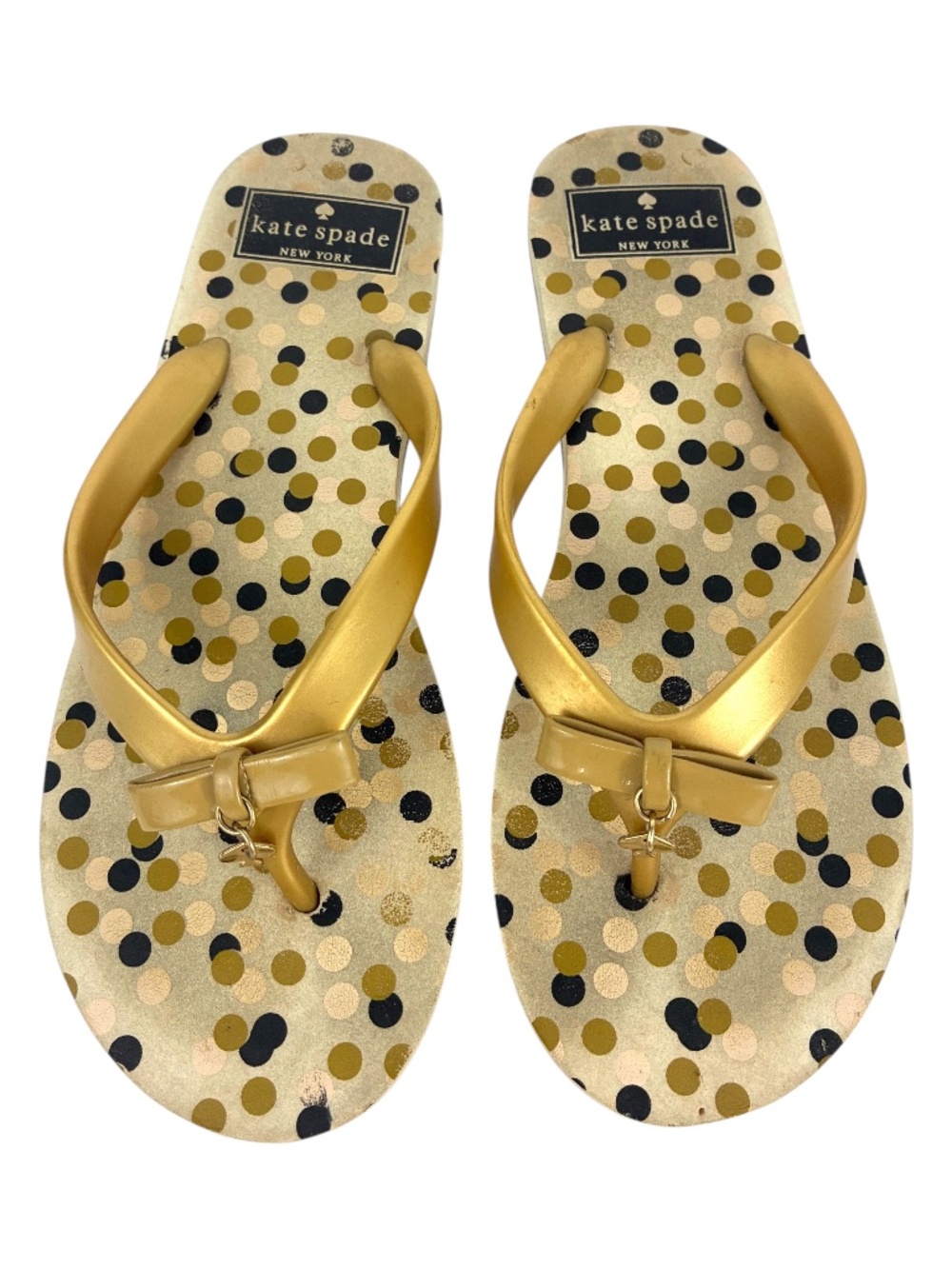 Kate Spade Gold Polka Dot Flip Flops 7 Flat Sandals Thongs Bow Charm Preppy Shoe